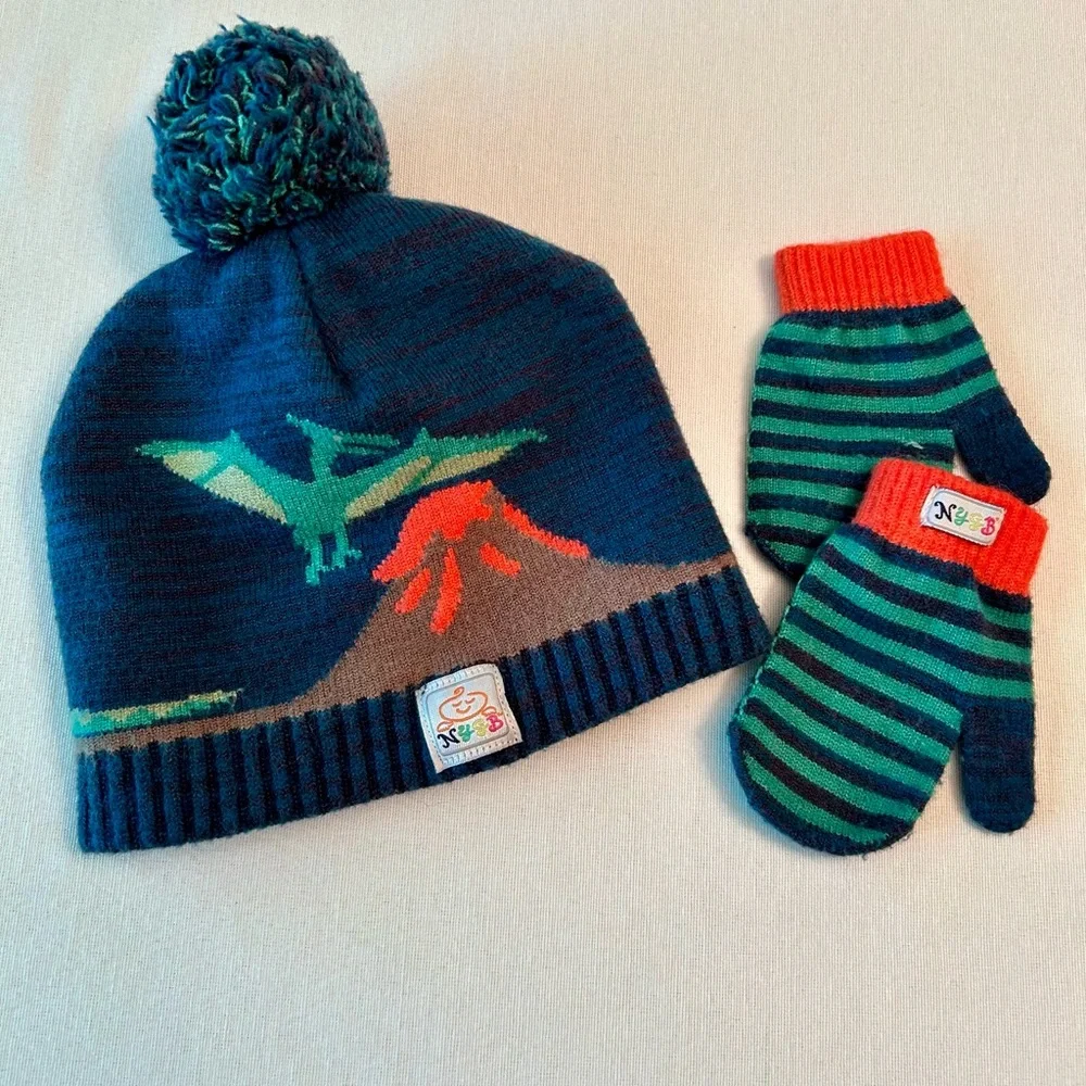 Baby Toddler Dinosaur Winter Pom-Pom Beanie Hat & Matching Mittens Set Soft Warm
